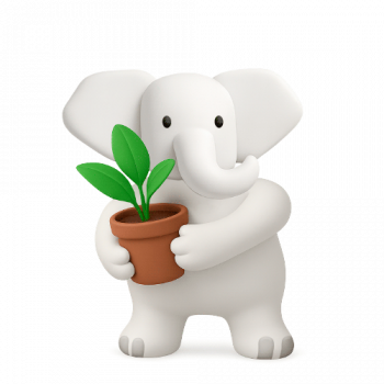 Abraza-una-planta-trom Ilustración en 3D de la mascota de ACPO elefantes, representando la categoría Abraza una planta. Es un elefante blanco muy simpático que esta de pie y tiene una maceta con una planta en sus manos.