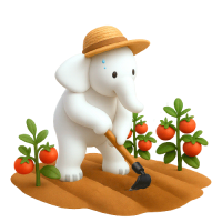 Ilustración en 3D de la mascota de ACPO elefantes, representando la categoría Huerto y Frutales. Es un elefante blanco muy simpático que esta trabajando su huerto, está con un sombrero y su azada trabajando en una plantación de tomates.