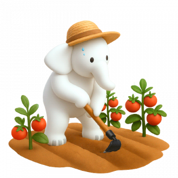 Huerto-frutales-trom Ilustración en 3D de la mascota de ACPO elefantes, representando la categoría Huerto y Frutales. Es un elefante blanco muy simpático que esta trabajando su huerto, está con un sombrero y su azada trabajando en una plantación de tomates.