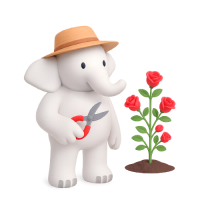 Ilustración en 3D de la mascota de ACPO elefantes, representando la categoría Plantas de Exterior. Es un elefante blanco muy simpático que esta de pie trabajando en su Jardín lleva un sombrero uy unas tijeras de podar y tiene un rosal enfrente.