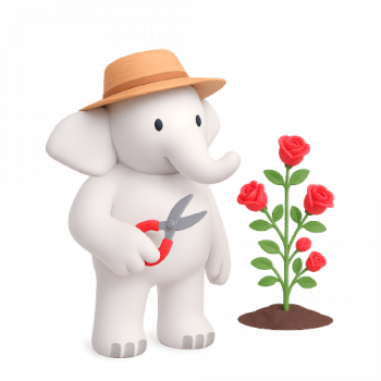 Jardineria-exterior-trom Ilustración en 3D de la mascota de ACPO elefantes, representando la categoría Plantas de Exterior. Es un elefante blanco muy simpático que esta de pie trabajando en su Jardín lleva un sombrero uy unas tijeras de podar y tiene un rosal enfrente.