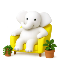 Ilustración en 3D de la mascota de ACPO elefantes, representando la categoría Plantas de Interior. Es un elefante blanco muy simpático que esta sentado en un sillón amarillo en su casa rodeado de plantas.