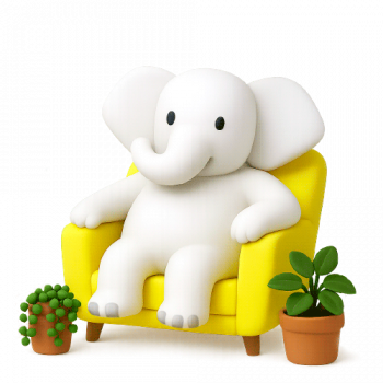 Plantas-interior-trom Ilustración en 3D de la mascota de ACPO elefantes, representando la categoría Plantas de Interior. Es un elefante blanco muy simpático que esta sentado en un sillón amarillo en su casa rodeado de plantas.