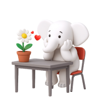 Ilustración en 3D de la mascota de ACPO elefantes, representando la categoría Sostenibilidad. Es un elefante blanco muy simpático que esta sentado en una silla y apoyado sobre la mesa dónde tiene una maceta con una flor y la mira forma amorosa se ven dos corazones que expresan su amor.