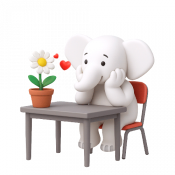 Sostenibilidad-tromp Ilustración en 3D de la mascota de ACPO elefantes, representando la categoría Sostenibilidad. Es un elefante blanco muy simpático que esta sentado en una silla y apoyado sobre la mesa dónde tiene una maceta con una flor y la mira forma amorosa se ven dos corazones que expresan su amor.